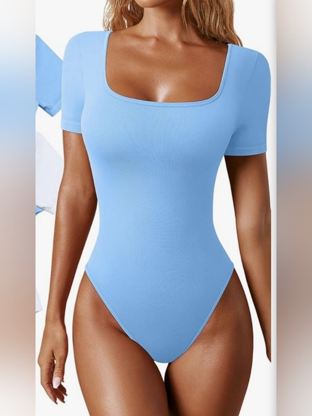 Sky Blue Square Neck Ribbed Bodysuit